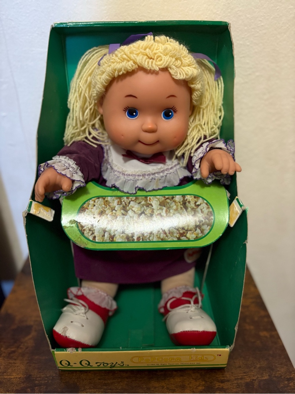 Vintage 1984 RARE Q-Q Popcorn Dolly Plush Doll - Purple Dress, Yellow Hair